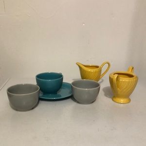 Mismatched cups & saucer, sugar bowl, and creamer